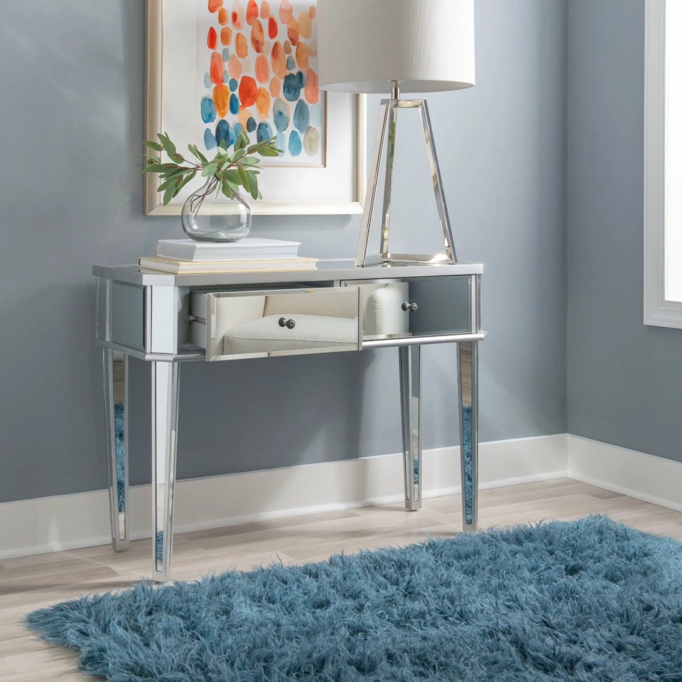 New π Powell Mirrored 2-Drawer Small Console - Mirrored Surfaces And Luxe Silver Wood π - Image 3