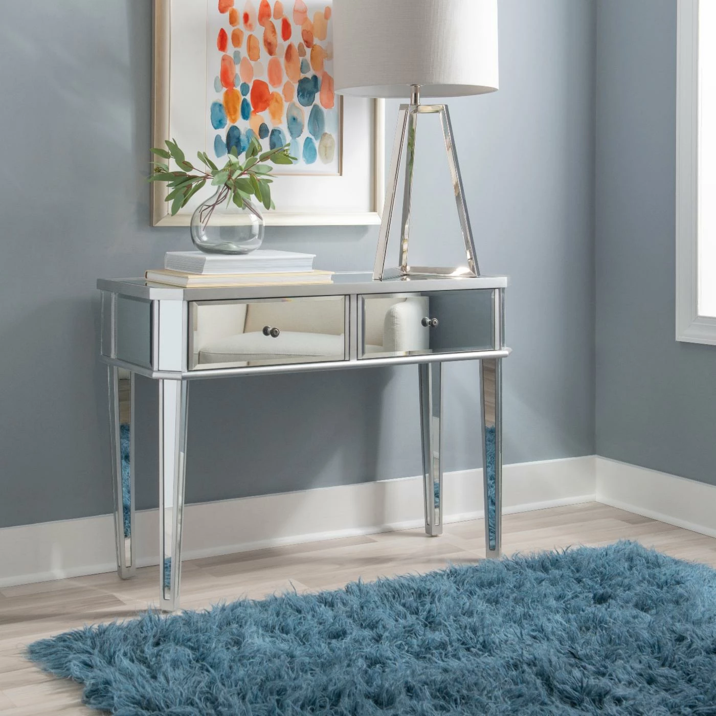 New π Powell Mirrored 2-Drawer Small Console - Mirrored Surfaces And Luxe Silver Wood π - Image 2