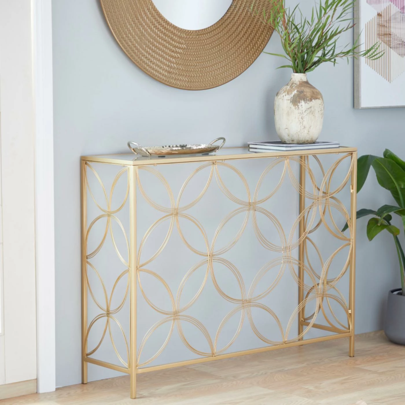 Discount ✔️ Metal DecMode Encased Tempered Glass Contemporary Console Table ✨ - Image 2
