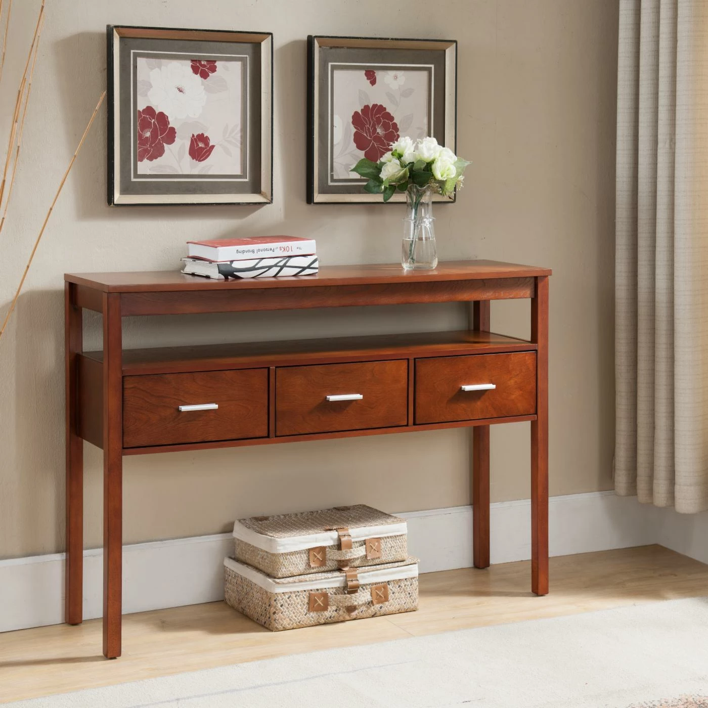Budget 😍 K&B Furniture K&B Furniture Walnut Wood 3 Drawer Console Table With Shelf ⭐