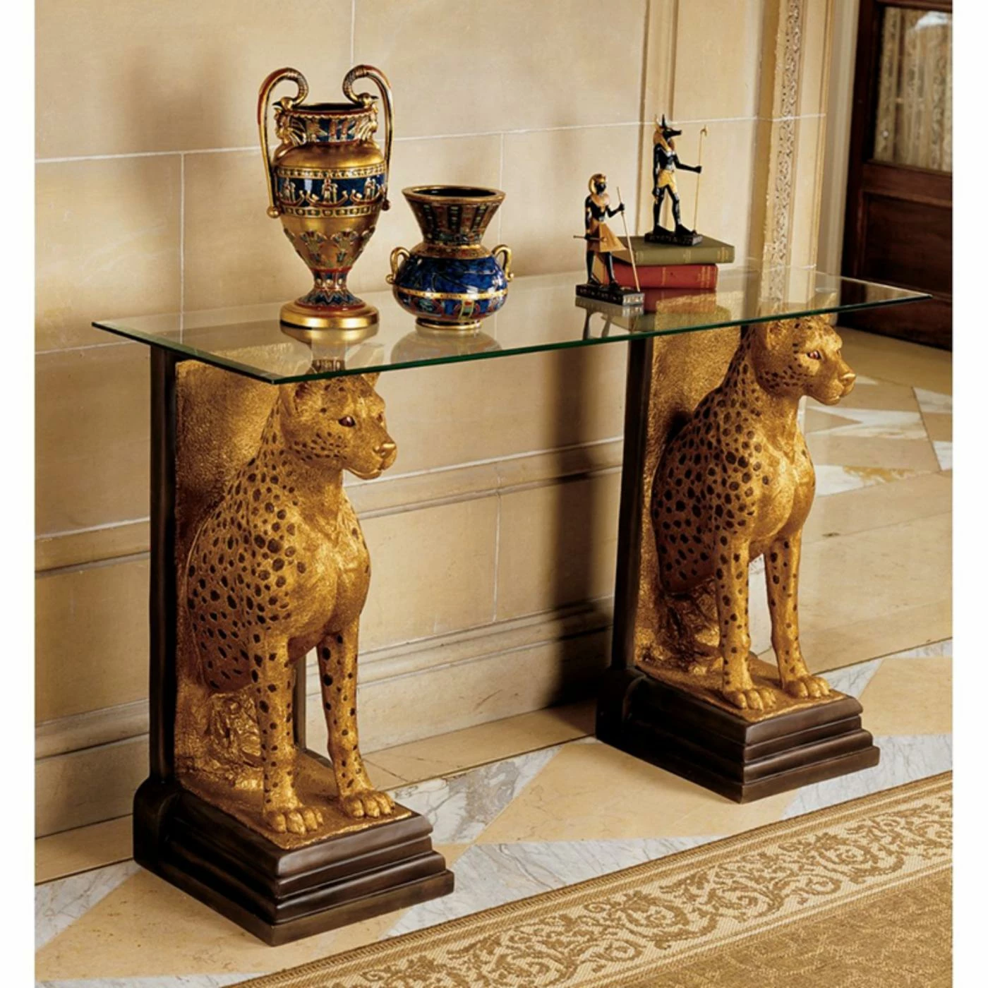 Coupon ๐ Resin Design Toscano Royal Egyptian Cheetahs Sculptural Glass-Topped Console ๐
