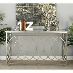 Coupon 🤩 Metal DecMode Ornate Glass Top Console Table 😀